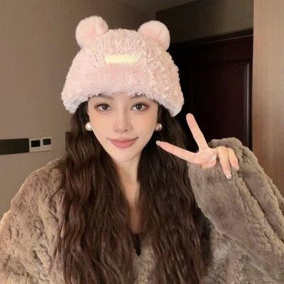 New plush bear hat cute wool hat female face small knitted hat winter cold protection ear protection warm hat