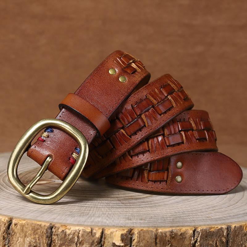 New First-Layer Cowhide Hand-Woven Belt Men'S Leather Pin Buckle Retro Trend Personalized Woven Jeans Belt