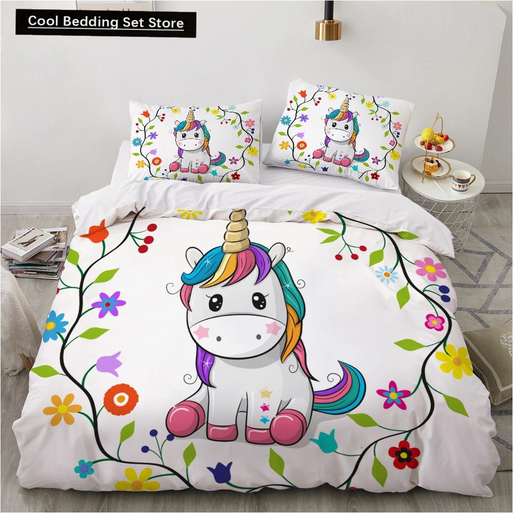 Детский детский розовый комплект постельного белья Queen King Cartoon Unicorn Белый пододеяльник Twin Полный цветной 2/3 шт полиэстеровый пододеяльник