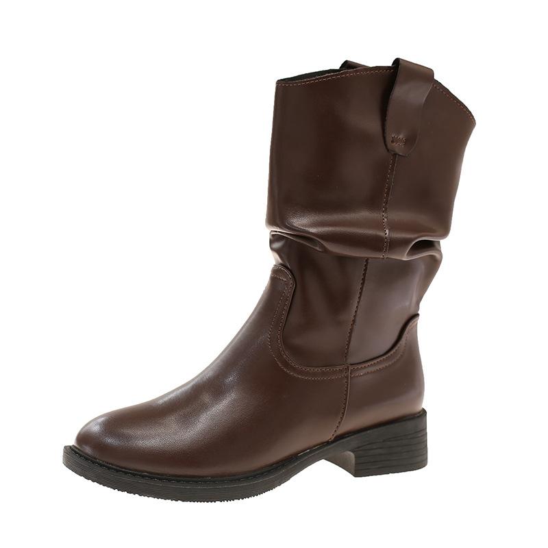 Коричневые ретро ковбойские сапоги женские 2025 осень новые плиссированные сапоги-чулки средней длины рыцарские сапоги темпераментные ботинки Мартин