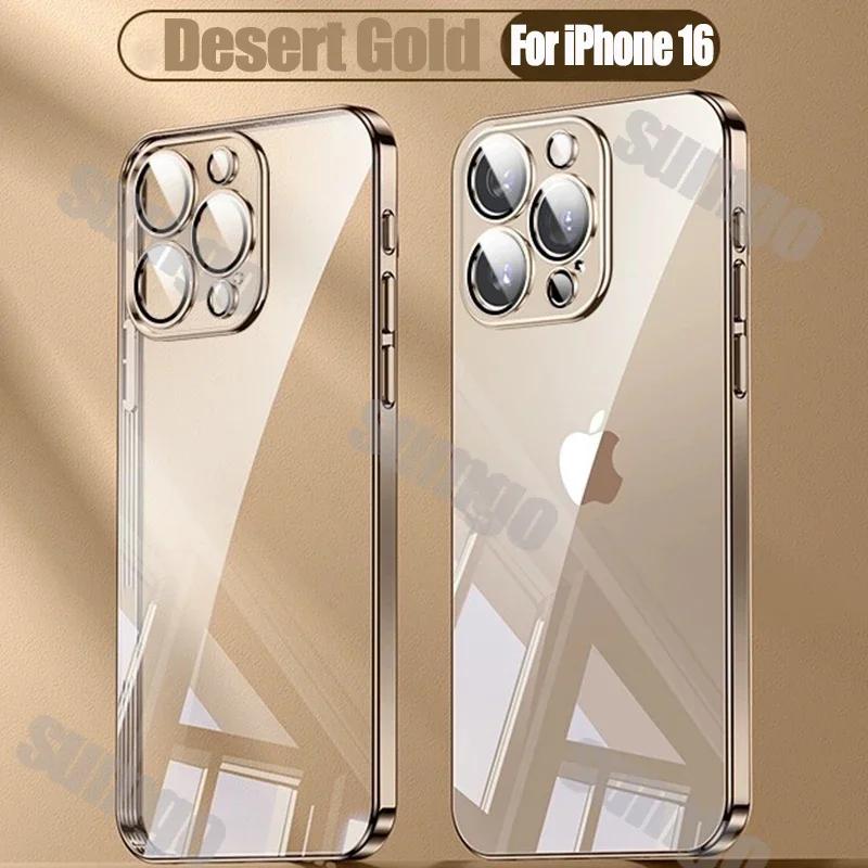 Silicone High Quality Plating Transparent Case For iPhone 16 15 14 13 12 11 Pro Max 16 Plus Lens Protector Shockproof Soft Cover