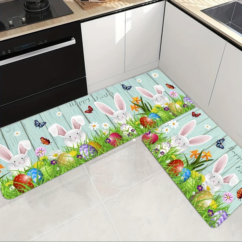 1Pcs Easter Themed Kitchen Mat Soft Cute Bunny Egg And Wood Grain Print Kitchen Floor Mat Waterproof Non-slip Oil-proof Floor Mat Runner Rug