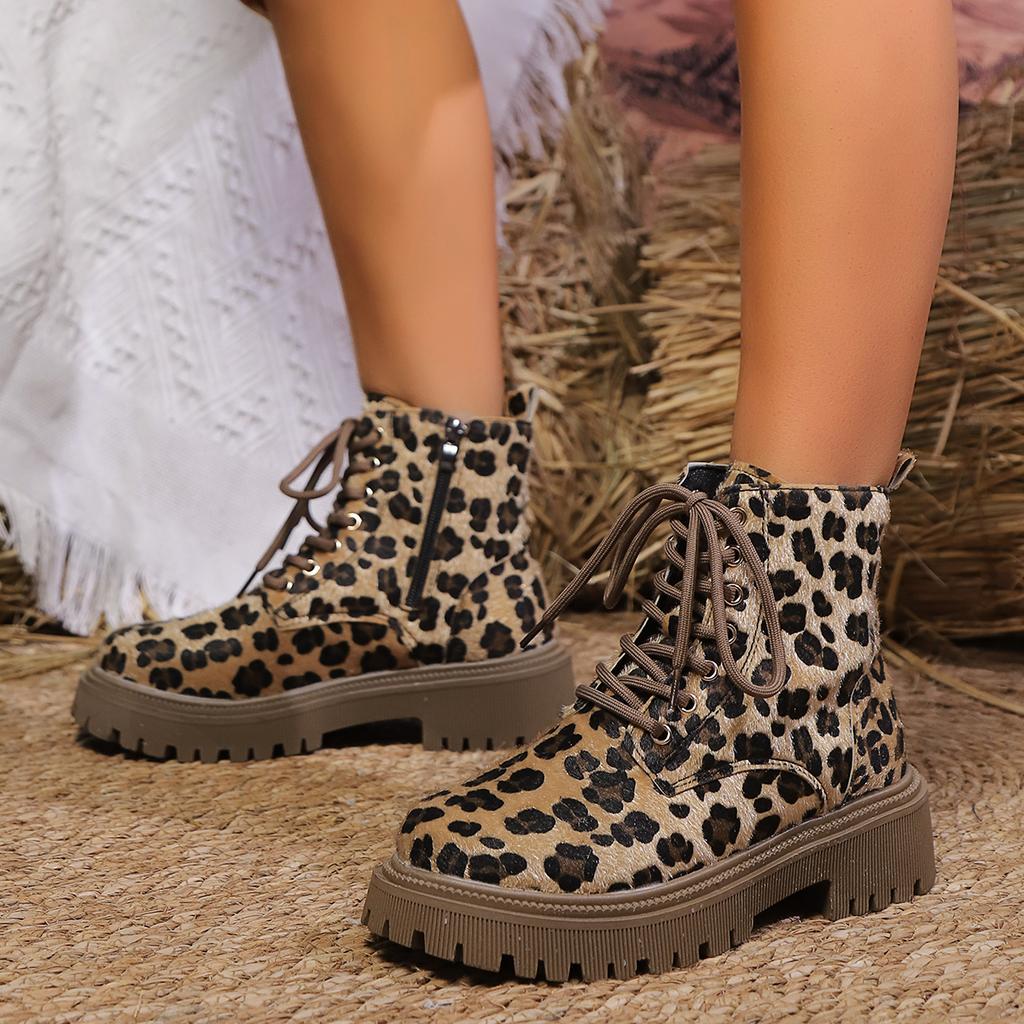 Женские ботильоны с леопардовым принтом на толстой подошве, модные ботинки на платформе со шнуровкой и боковой молнией, женские осенне-зимние нескользящие армейские ботинки