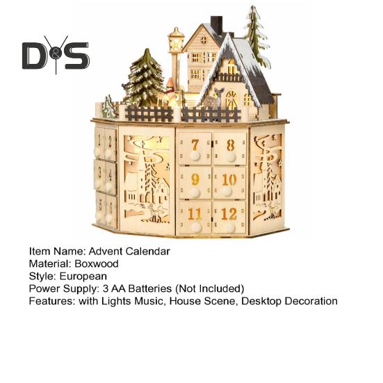 Рождественский адвент-календарь со светодиодной подсветкой, музыкальным деревянным светящимся домиком, обратным отсчетом, 24 ящика, настольное украшение