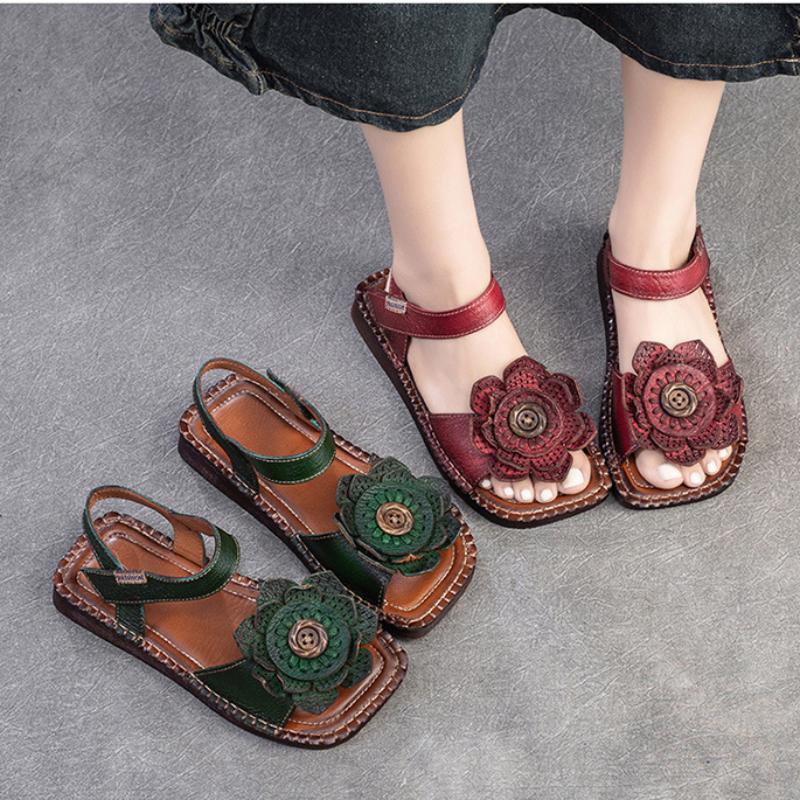 Johnature Сандалии на плоской подошве из натуральной кожи с цветочным принтом в стиле ретро, ​​удобная женская обувь с квадратным носком на мягкой подошве в этническом стиле