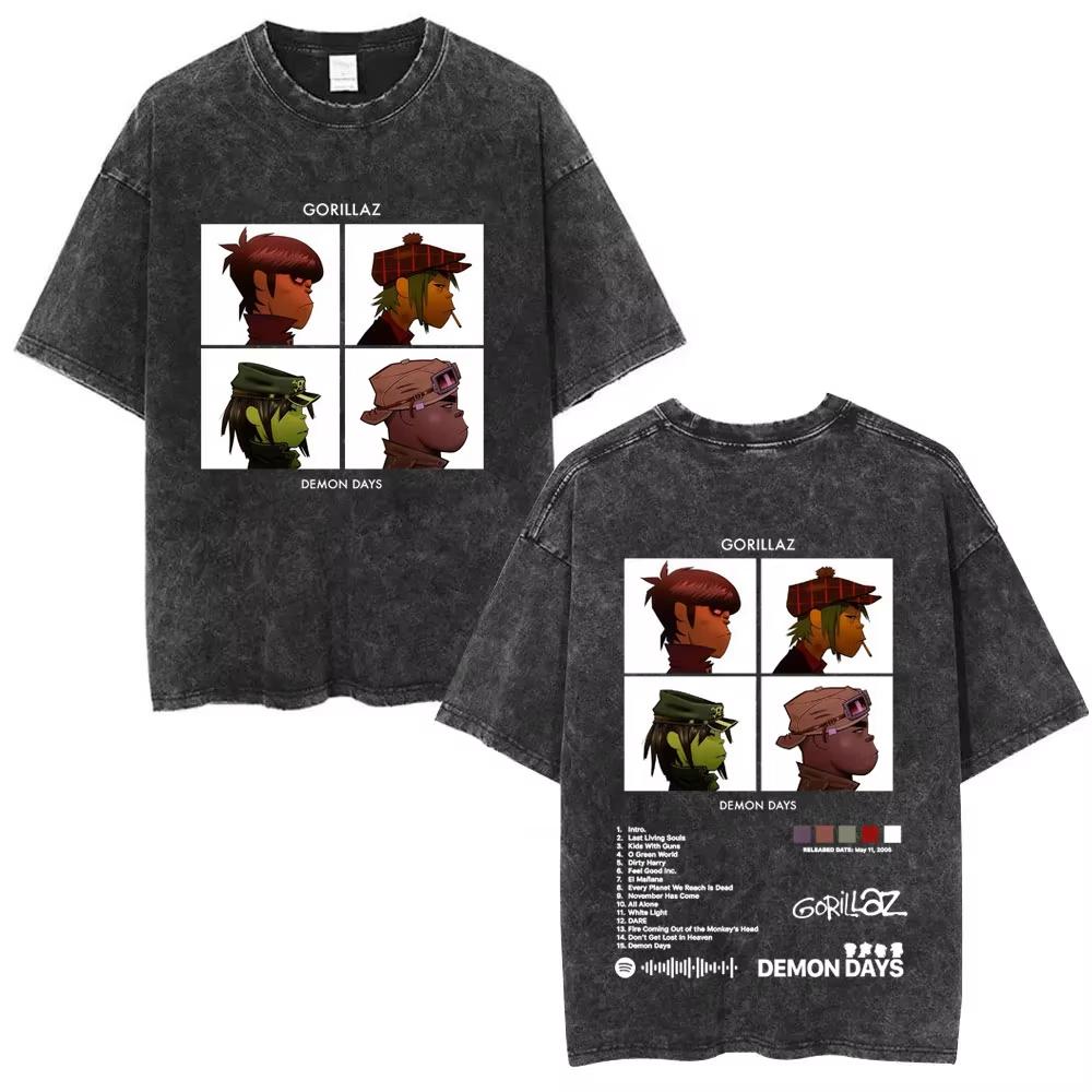 Washed Vintage Rock Band Gorillaz Album Graphic T-shirt Men's Women Hip Hop Fashion Oversized T Shirts Male Cotton Streetwear