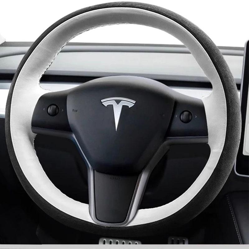 Hand Stitched black white Genuine Leather suede car Steering Wheel Cover For Tesla Model 3 2015-2021 Model Y 2019-2021 NH4