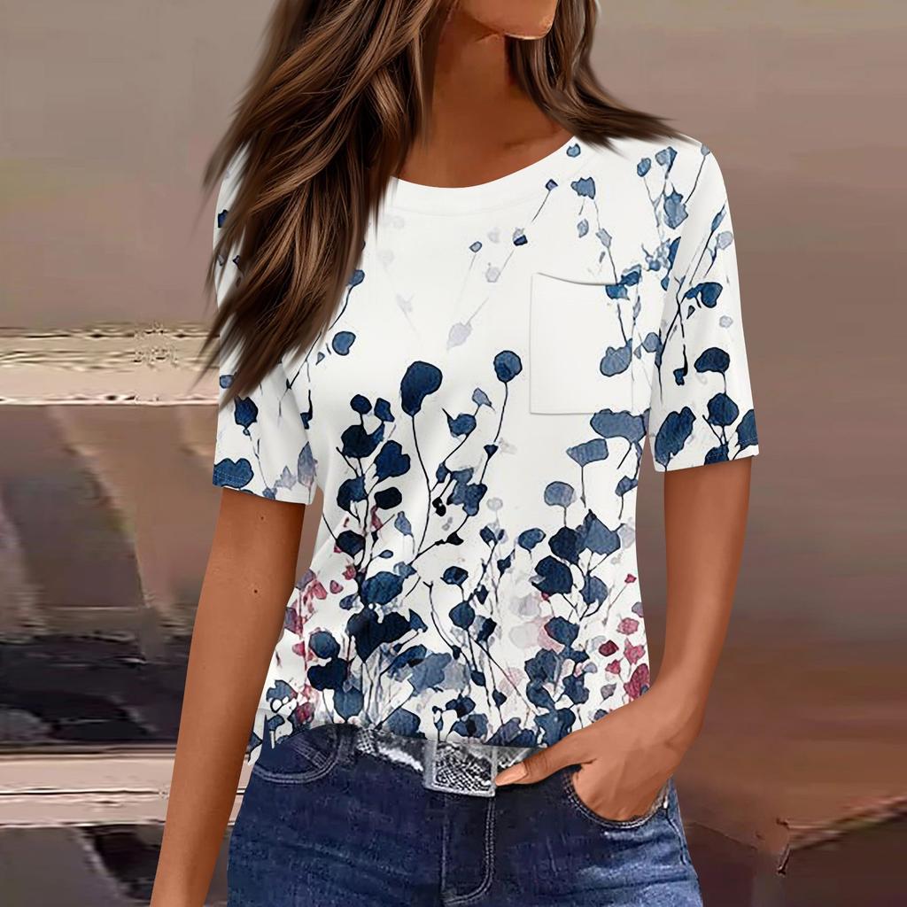 Футболки для женщин, плиссированные, с круглым вырезом, нарядные, повседневные, блузки с принтом, с коротким рукавом, летние топы, свободный крой