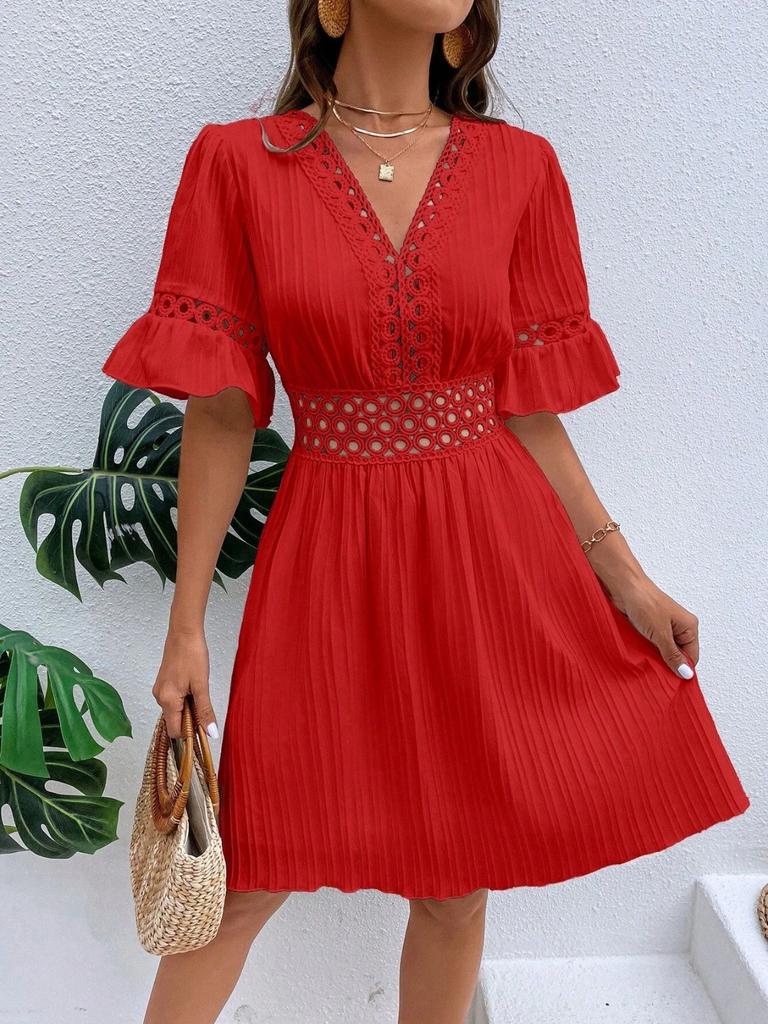 Fashion Women's Summer V Neck Casual Fashion Solid Color Pullover  Dress