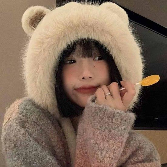 Women Plush Hat with Cute Bear Ears Soft Fuzzy Warm Thick Lace-up Windproof Strap Autumn Winter Outdoor Cycling Girls Ear Protection Cap Gift Choice