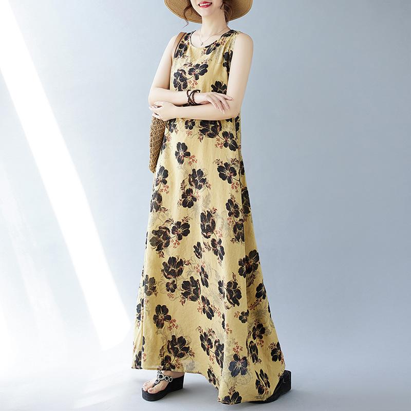 Летнее свободное платье без рукавов с круглым вырезом и принтом средней длины для женщин, повседневные платья