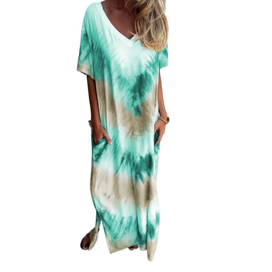 Casual Beach Maxi Tie Dye Printed Dresses Women's Spring Summer Short Sleeve V-neck Plus Size Long Dress