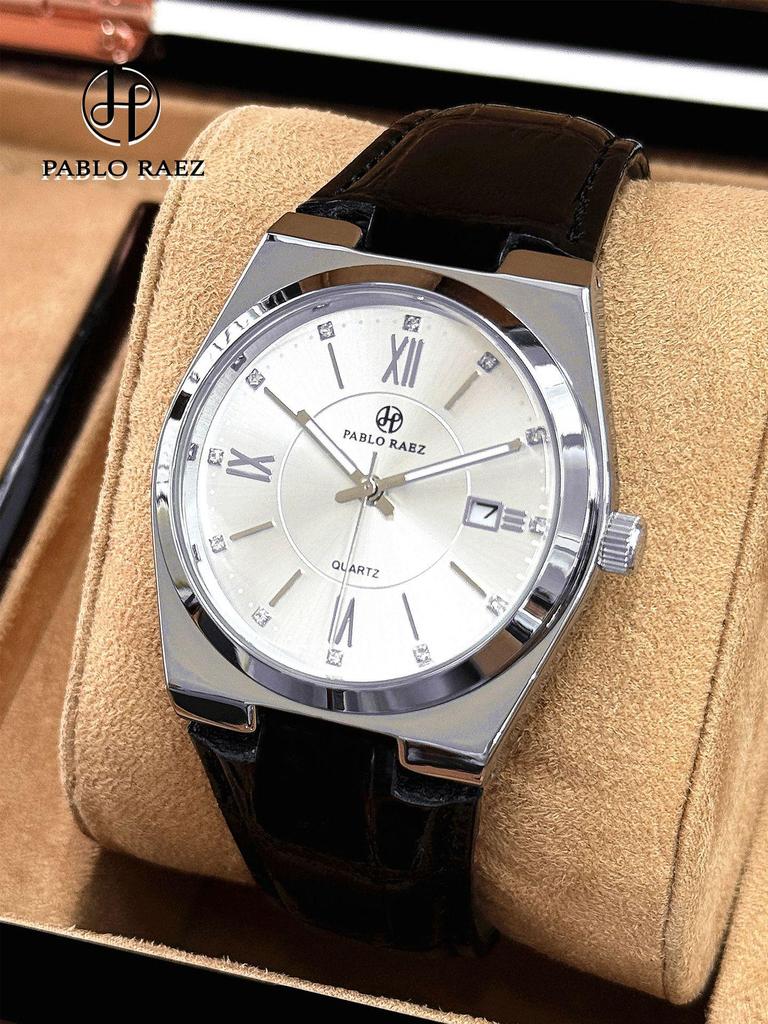 Мужские часы PABLO RAEZ в стиле Business Casual с календарем, водонепроницаемые, на кожаном ремешке.