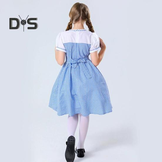 Girl's Blue Gingham Dress Kansas Girl Halloween Fancy Party Dress-up Costume Fairytale Musical Movie Character Cosplay Outfit for Kids