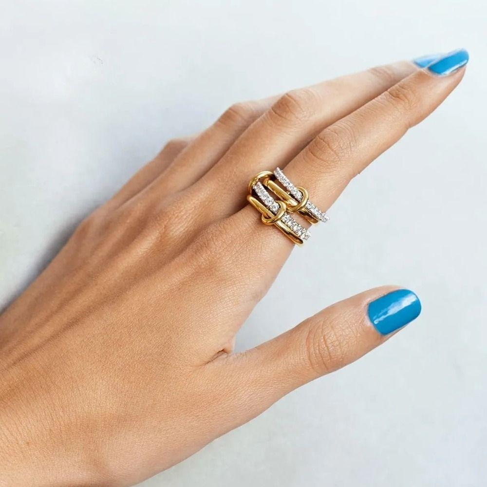 Metal Geometric Knuckle Ring Three Layered Ring Multi-Link Connected Rings Stackable Rings Women