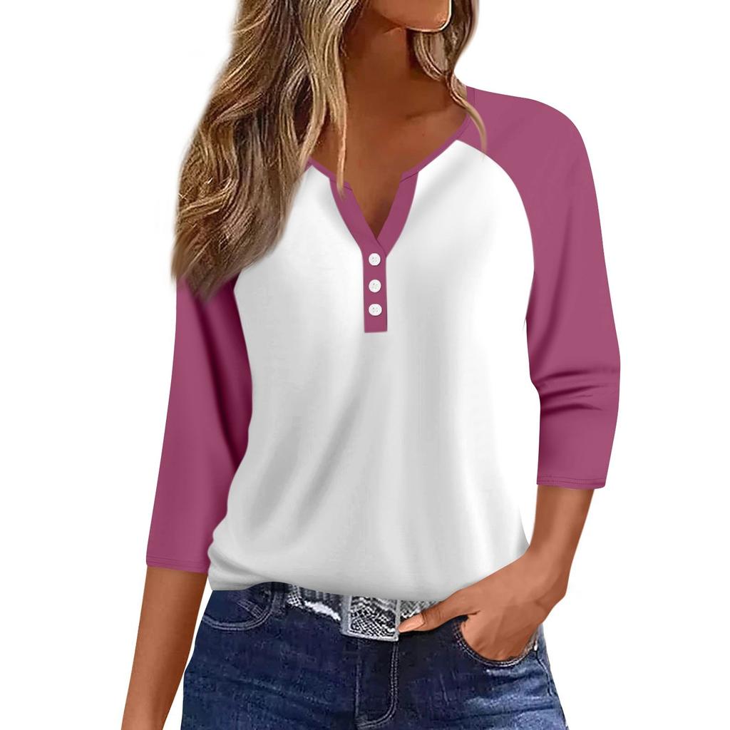 Женская мода повседневная футболка с рукавами реглан, колор-блок, V-образным вырезом, рукавами три четверти, декоративными пуговицами