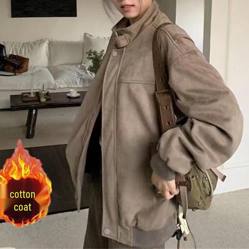 Unisex Retro Suede Autumn/Winter Jacket - Loose Fit, Slimming, Versatile, Trendy Stand-Up Collar, Cotton-Padded Workwear Design.