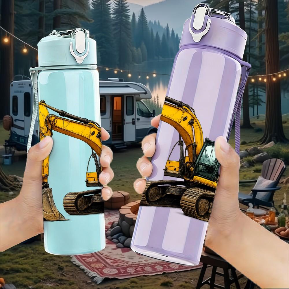 1PC Yellow Excavator Machinery 750ml Color Plastic Sports Water Bottle Leakproof Flip Straw Lid Suitable for Sports Office Home Use