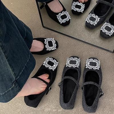 Вечерний темперамент низкая роскошь туфли Мэри Джейн осень и зима 2025 новые толстый каблук квадратный носок стразы шерстяные с открытым верхом одинарные туфли женские