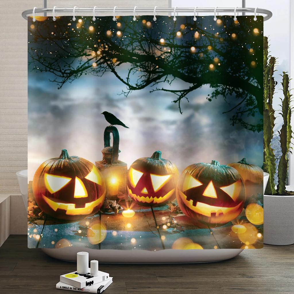 Хэллоуин Занавеска для душа Ужас Лунная ночь Тыква Череп Скелет Страшный Замок Ведьма Призрак Кладбище Водонепроницаемые Занавески для ванной