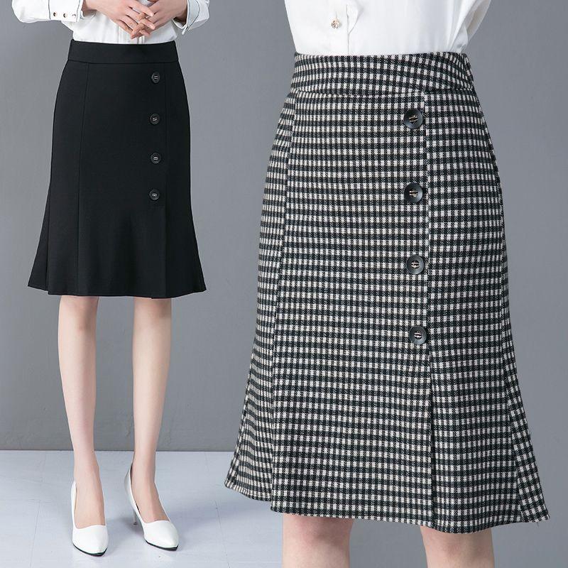 Черная юбка «рыбий хвост» Твидовая юбка «рыбий хвост» Набедренная сумка с разрезом Осень-зима Тонкая черная юбка средней длины с высокой талией