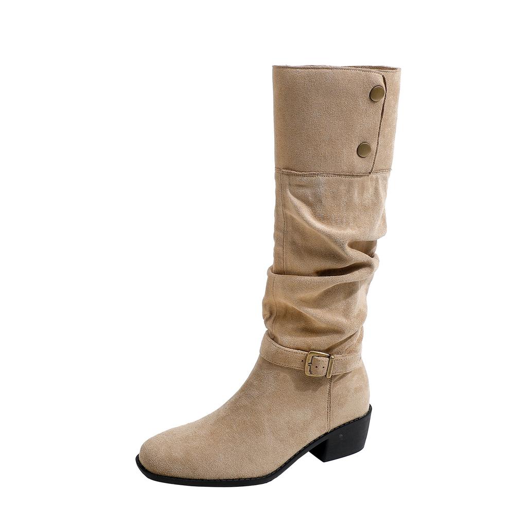 Retro Slim Pile Boots Women's 2025 New Models But Knee Western Cowboy Boots with Increased Inner Height and Two Soft-soled Boots
