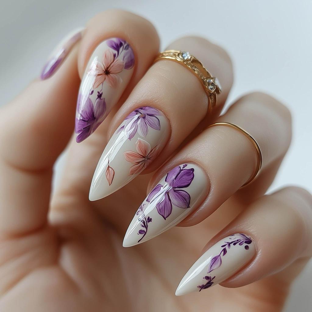24PCS Retro Purple Flowers Gradient Stiletto False Nails with Sweet Butterfly Pattern Almond Press On Nails Wearable Simple Nail