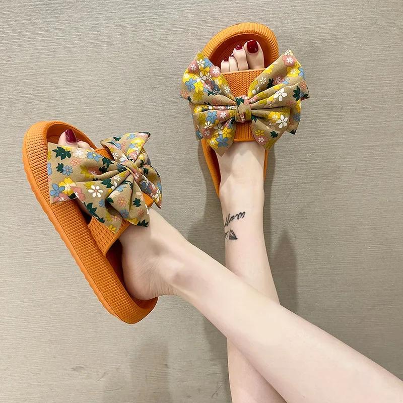 Модные женские тапочки, однотонные сандалии, летняя женская обувь, большие размеры, тапочки с узлом-бабочкой, женские шлепанцы, уличная пляжная нескользящая обувь