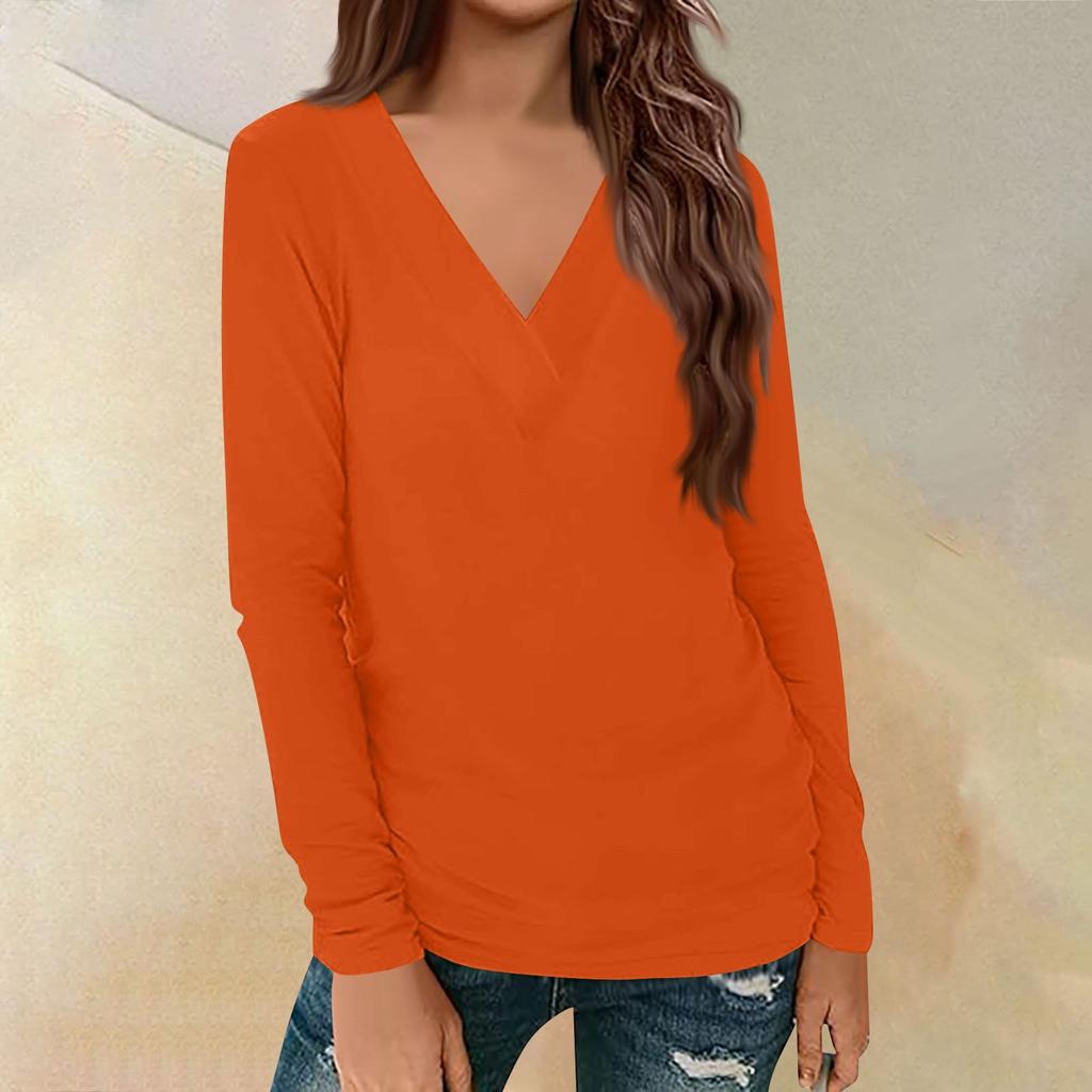 Женский повседневный однотонный принтованный длинный рукав свободный пуловер с V-образным вырезом