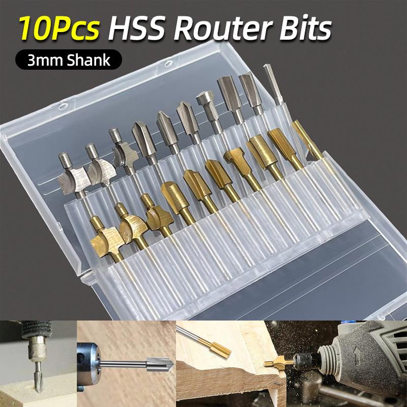 Набор из 10 шт., 1/8 "3 мм, титановые фрезы из быстрорежущей стали, фреза по дереву, фреза подходит для вращающегося инструмента Dremel, гравировальный станок, слот для заточки ножей