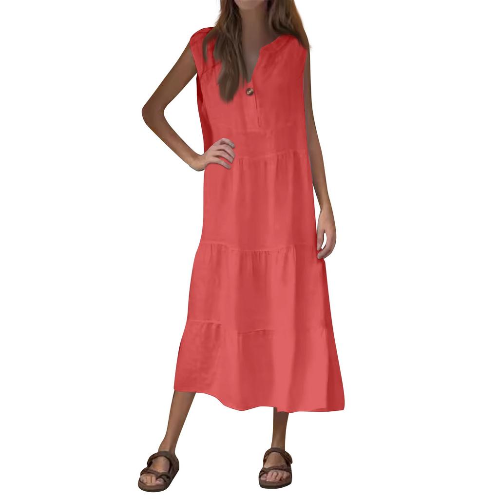 Женская мода без рукавов плиссированное хлопковое льняное платье-жилет на пуговицах