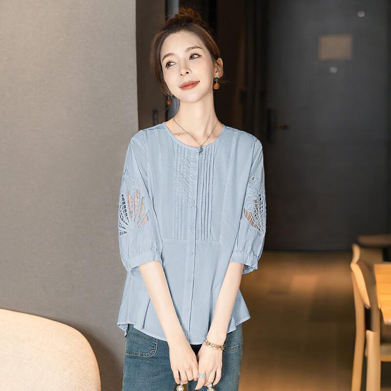 Sibaishun Women's Loose Fit Hollow Out Round Neck Blouse
