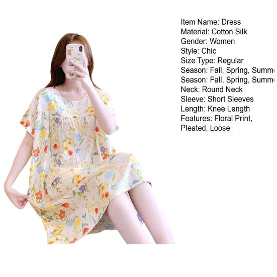 Женская ночная рубашка свободного покроя с цветочным принтом, круглым вырезом, плиссированная, с короткими рукавами, длиной до колена, домашняя одежда, повседневное платье миди, женская ночная рубашка, платье миди