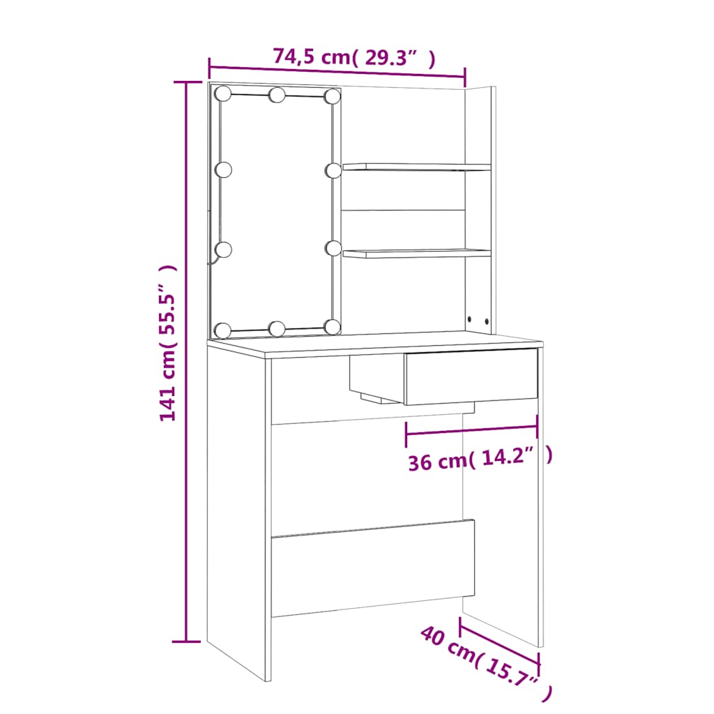 Makeup Table with LED Lights High Gloss White 74.5 x 40 x 141 cm
