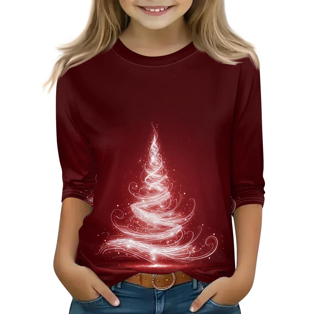 Рождественские топы с принтом для девочек-подростков 4-11 лет, футболки с круглым вырезом и рукавами 3/4, модные топы, нарядные футболки