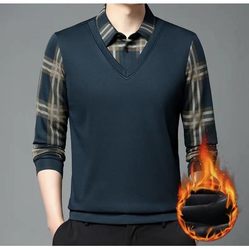 Осенне-зимняя теплая мужская одежда, бесшовная поддельная теплая рубашка из двух частей, плюс бархатная поддельная повседневная рубашка-воротник для папы