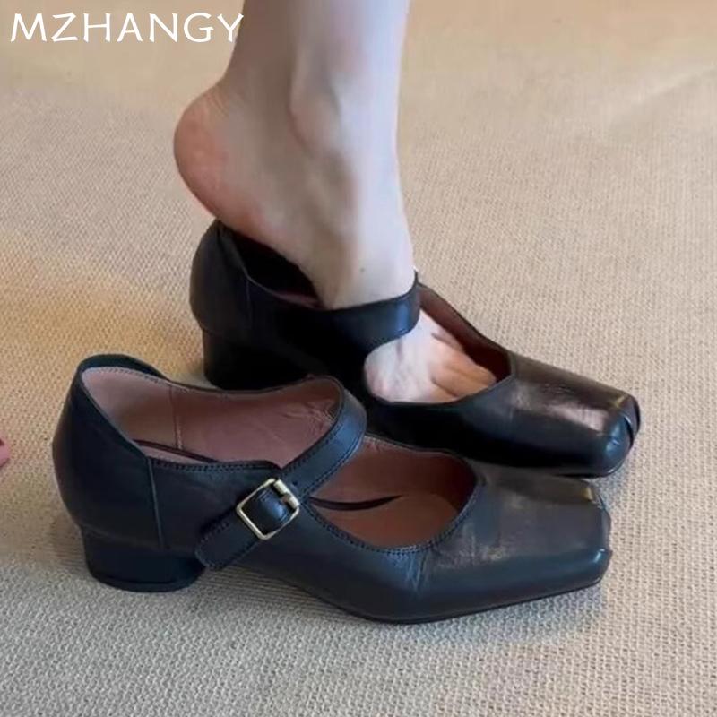 Модная женская обувь Мэри Джейн из кожи, на массивном каблуке средней высоты, с квадратным носком, сандалии, женский тренд 2024, осенние, в стиле ретро, новые туфли-лодочки, Mujer Zapatos