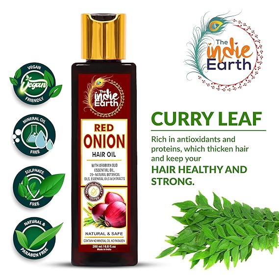 Масло для волос из красного лука, 200 мл — масло против выпадения и роста волос с черным семенем, листом карри, брингараджем гибискуса и более 29 натуральными маслами и экстрактами |
