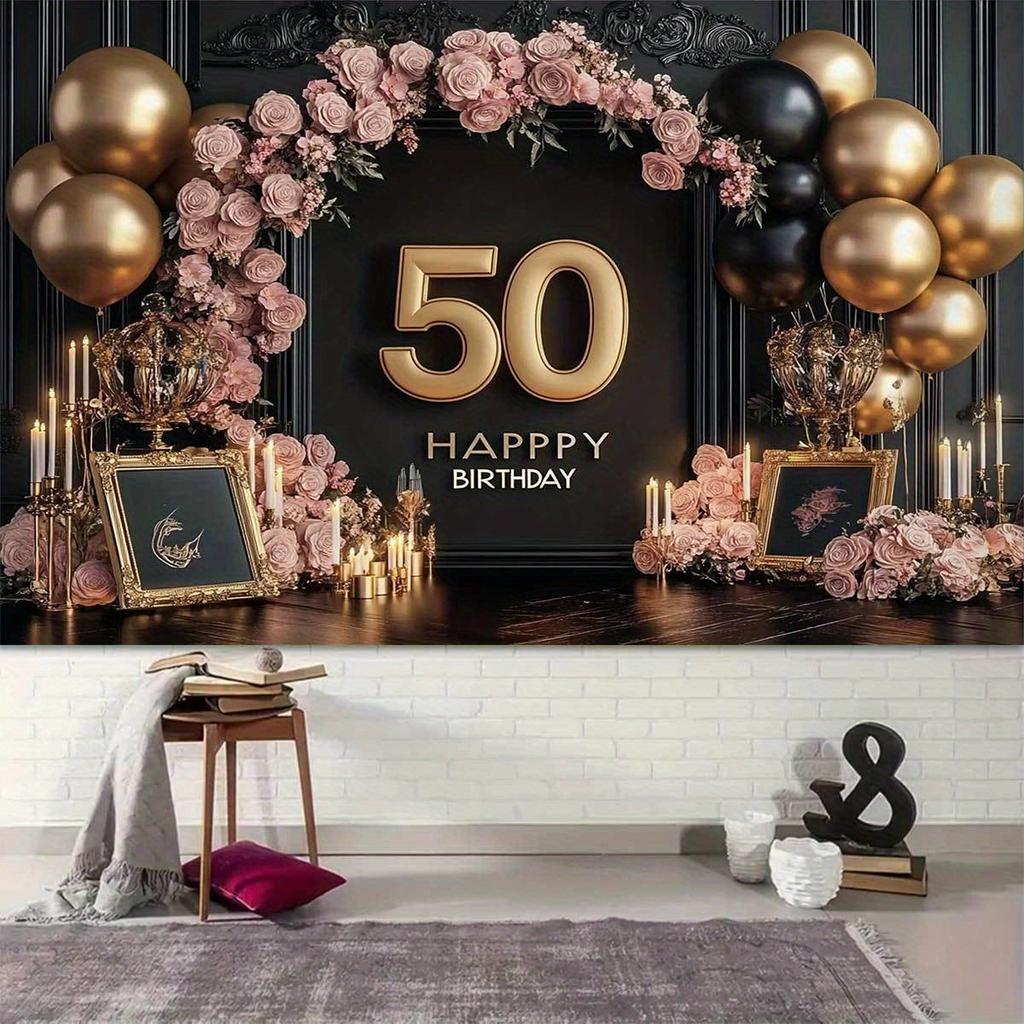 Элегантный фон для вечеринки в честь 50-летия - дизайн "С Днем Рождения" розы свечи и воздушные шары украшения для дня рождения