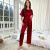 Women's Satin Pajamas Set Autumn Short Sleeve Top Long Pants Sleepwear 2 Piece Set For Women Casual Home Loose Pajamas Set
