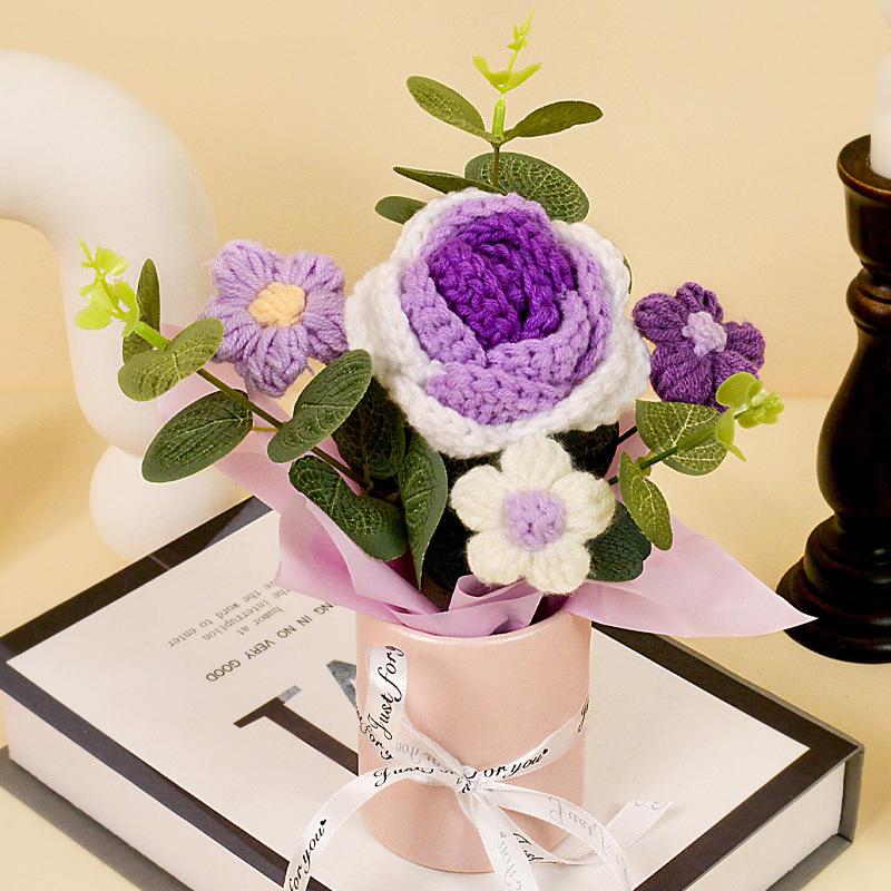 1 шт. Роза Элегантный подарок ручной работы Искусственный цветок Вечный Вязаный День святого Валентина Пышный Романтический букет Сделай сам 20x14 см