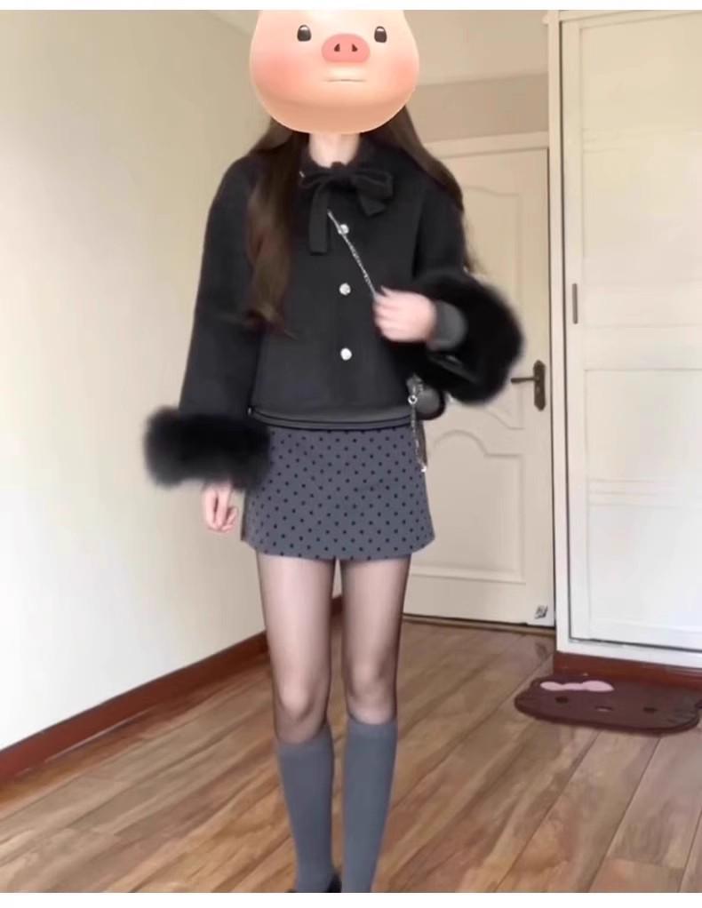 Slightly Chubby Girls' Polka Dot Woolen Half-Length Skirt - 2025 Spring/Autumn Korean Style, Elegant Fit, Retro Hip-Hugging Design