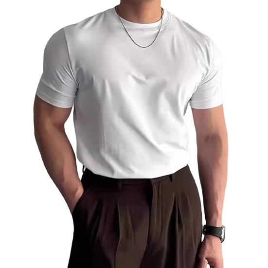 Мужская футболка с круглым вырезом, короткие рукава, повседневная базовая футболка, однотонная летняя облегающая футболка для спортзала, спорта, путешествий, повседневной носки