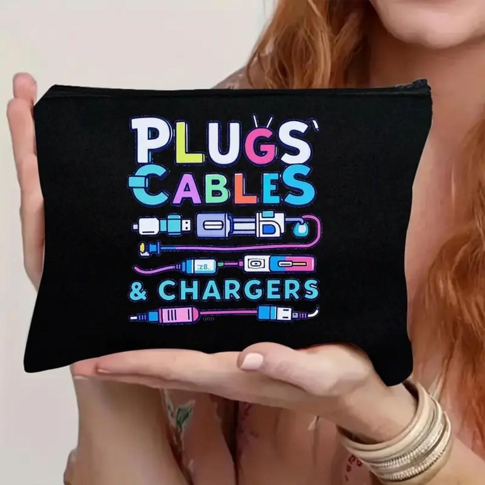 New Canvas Charger Storage Pouch Print Design Large Capacity Cable Organizer Bag Zipper Closure Electronics Bag for Office Desk