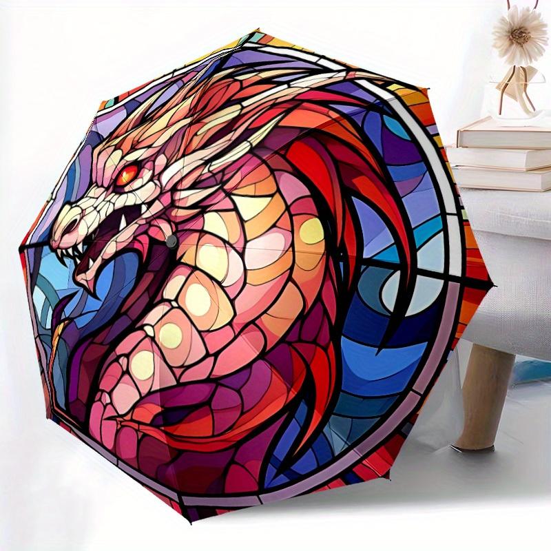 1pc Dragon StainedGlass Automatic Open/close Folding Compact Umbrella, 8-Rib Sturdy Canopy, Lightweight Portable, Everyday Use, Gift,087