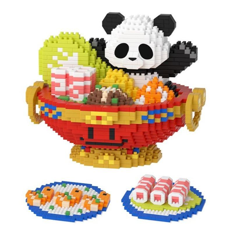 Cartoon Panda Hot Pot Model Mini Bricks Pandas Puzzle Panda Souvenir Assembly Building Block Toys Desktop Ornament