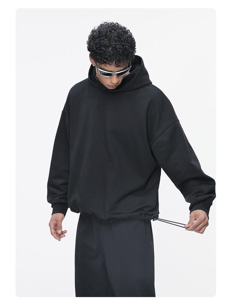 DE Men's Moleskin Twill Hoodie: Boxy Short Wide 420G Sweatshirt with Adjustable Hem Drawstring, American Style