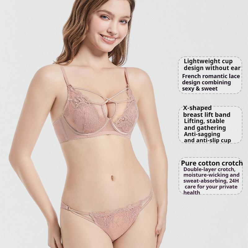 Французский вышитый сексуальный кружевной комплект нижнего белья с кроличьими ушками, дышащий, для большой груди, маленький собирающий бюстгальтер для женщин