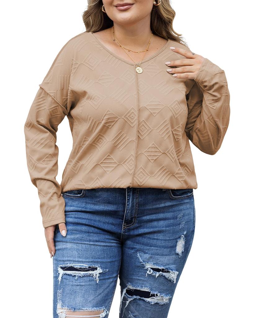 Azura Exchange Khaki Plus Size Textured Drop Shoulder Exposed Seam Top