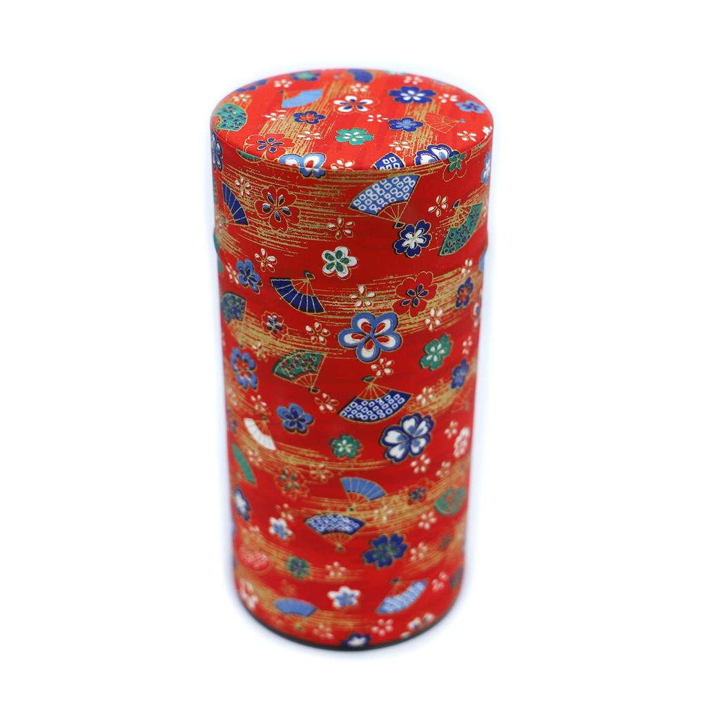 Kyoto Katsugu Japanese Paper Tea Canister, Made in Japan (Dark Red with Plum and Cherry Blossom Fan Gold)